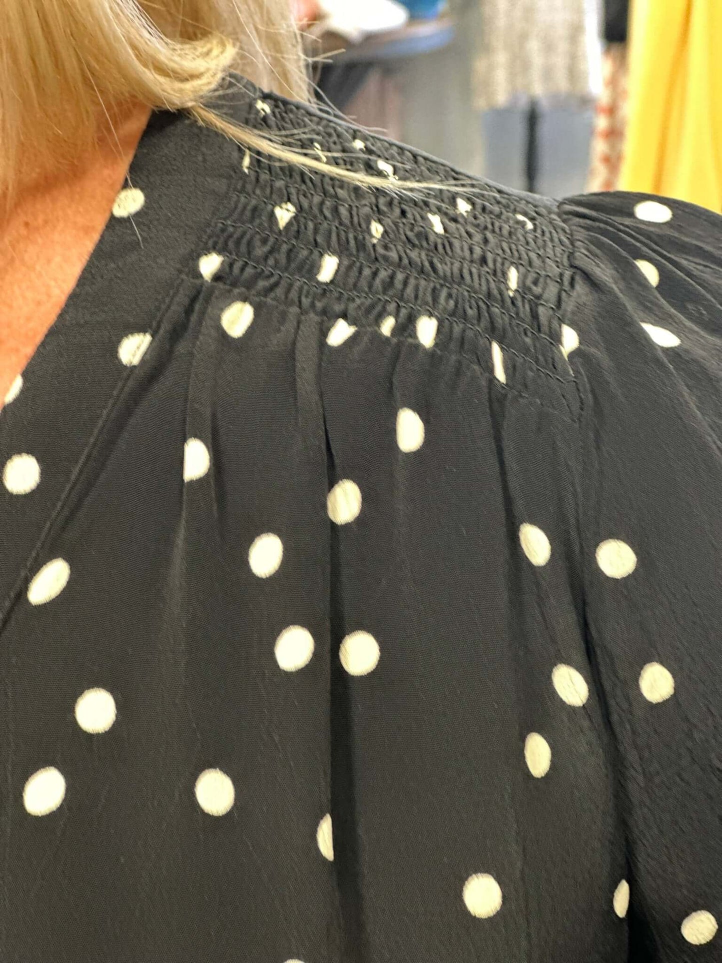 Its black with tan polka dots, pockers, 3/4 sleeve with a little ruching at the top of the v-neck.