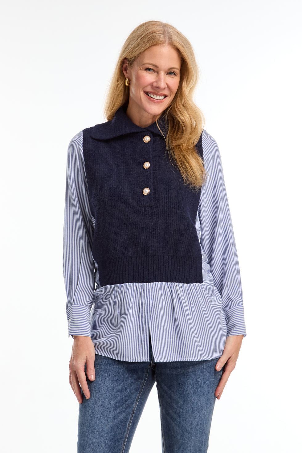 Mixed media sweater, vest, patchwork, striped top