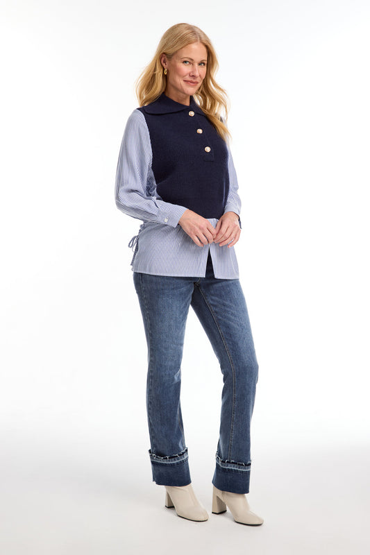 Mixed media sweater, vest, patchwork, striped top