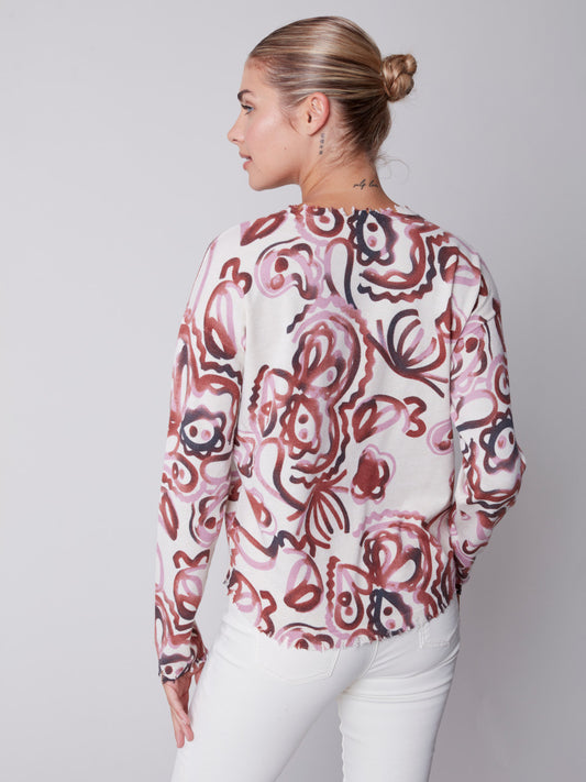 pink, red, heart trendy design shirt, scalloped neck long sleeve