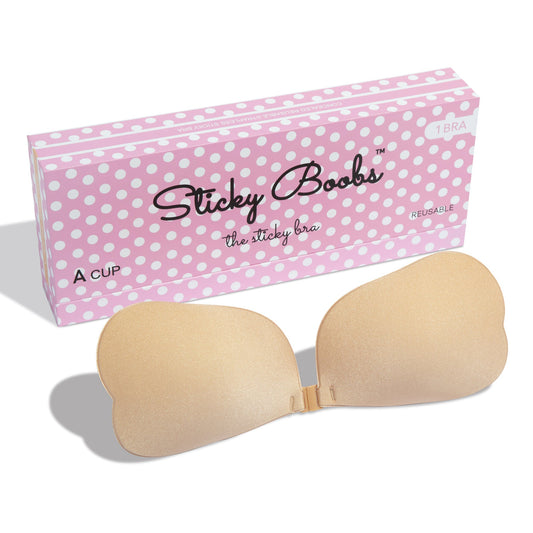 Beige sticky bra with pink polka dot box labeled 'Sticky Boobs' on a white background