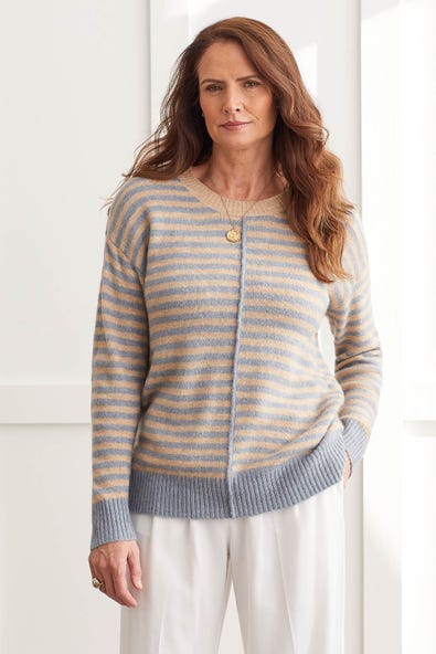 Striped Crew Neck Sweater With Side Slits