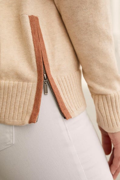 Cotton V-Neck Sweater with Zipper Detail