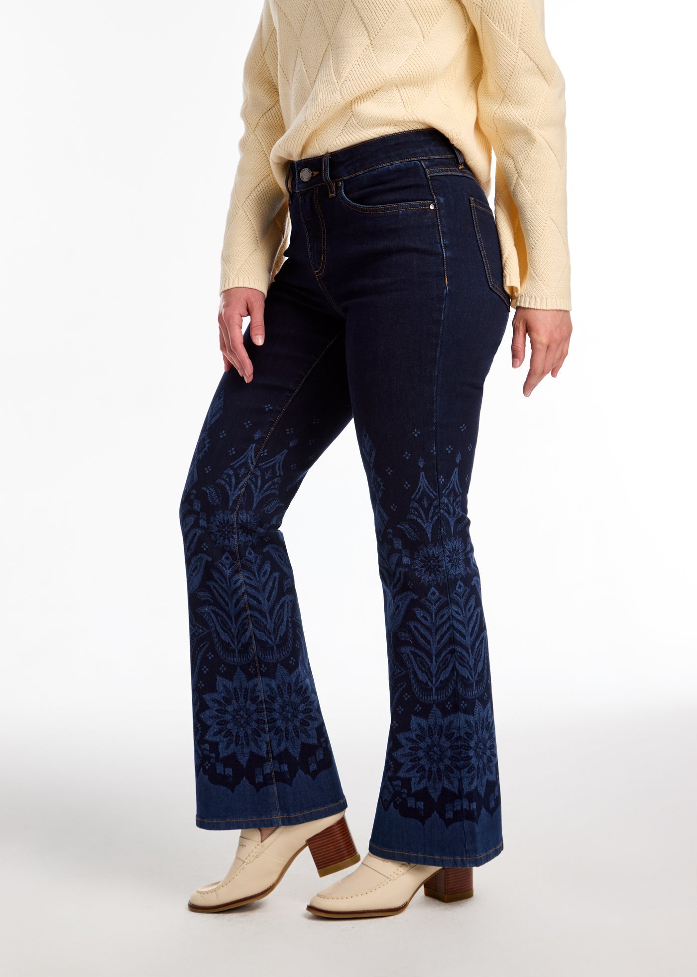 flare leg jeans blue patterned