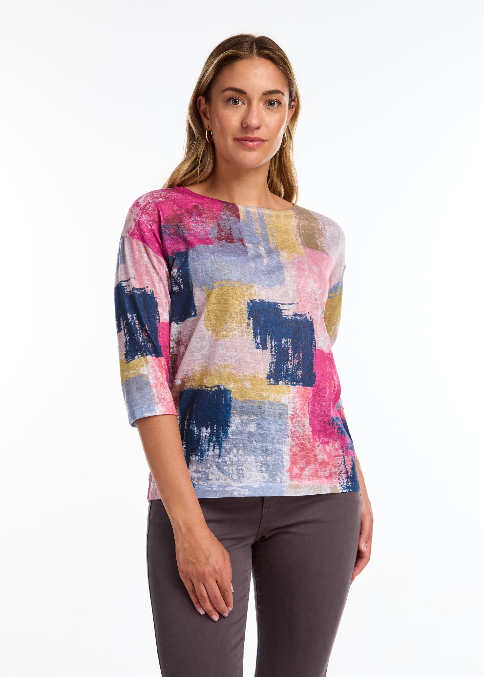 color block, colorful top, pink, navy, mustard yellow top, patterns