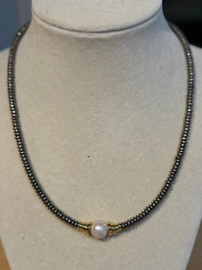 Beaded Hematite with Freshwater Pearl