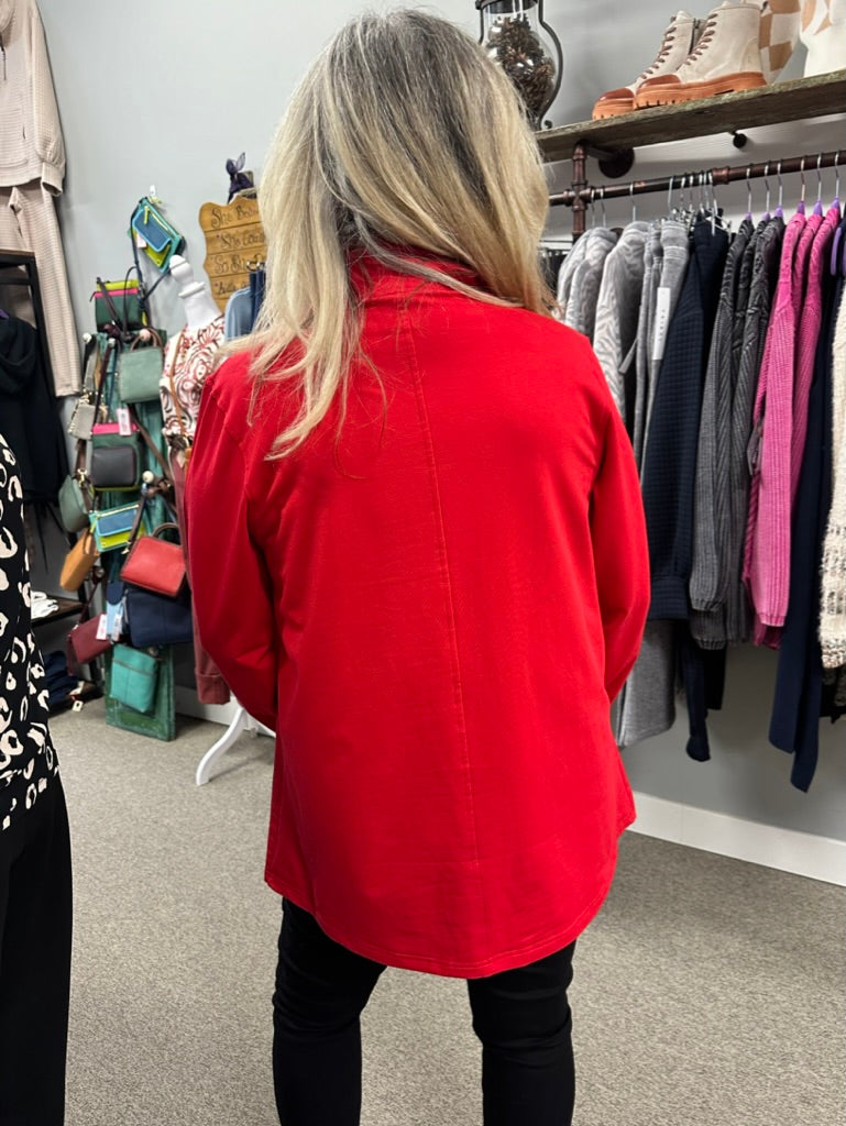 button down sweatshirt red, big buttons, cute, chic