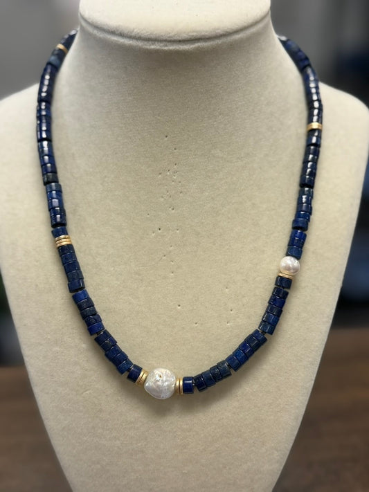 Lapis Necklace with Coin Pearl