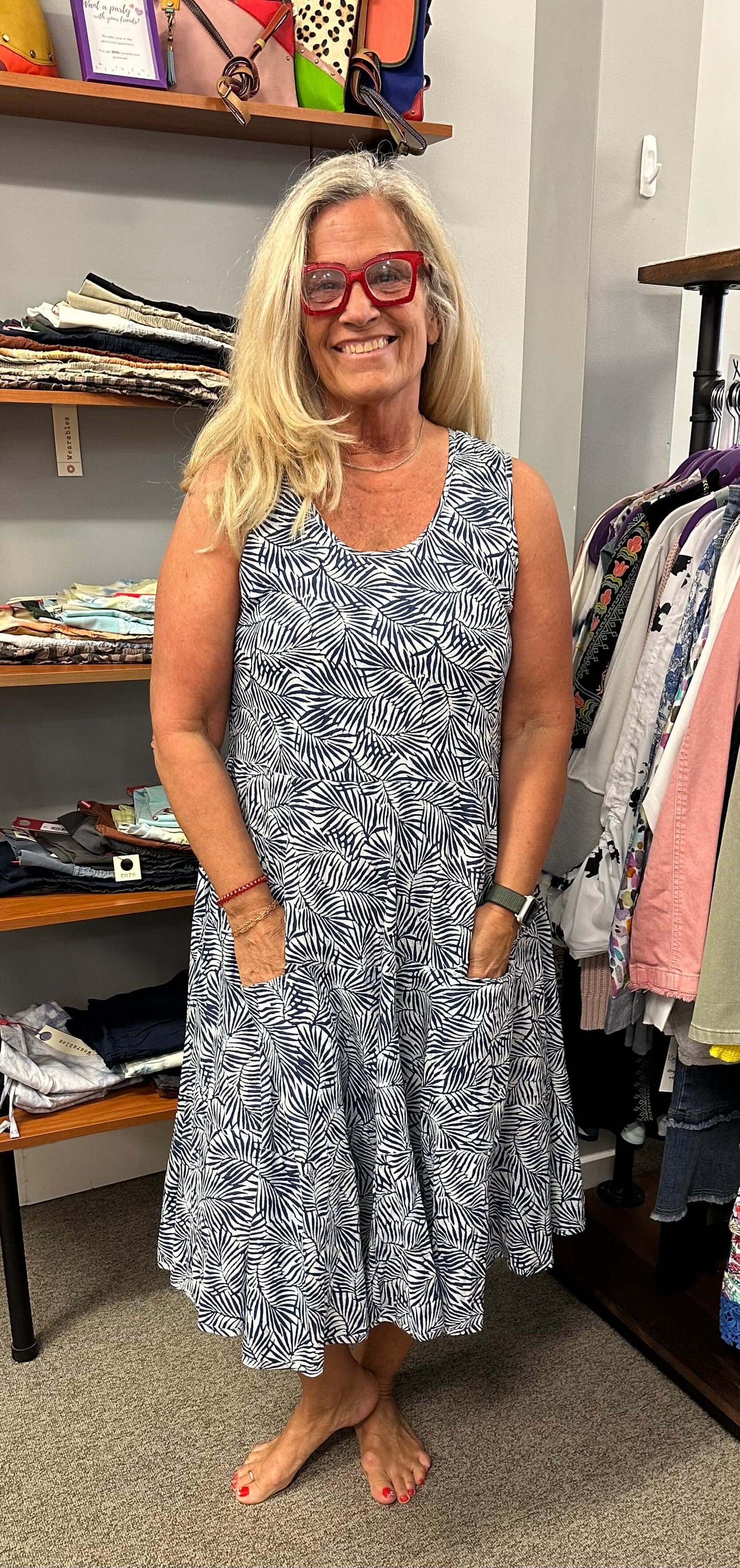 Fun, frilly and so adorable. The Joy dress has a pattern that brings the dress alive. With a round neck, sleeveless and front pockets, this will be very versatile.