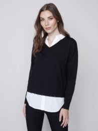 V-Neck Poplin Shirt Collar Sweater