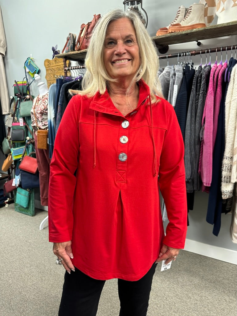 button down sweatshirt red, big buttons, cute, chic