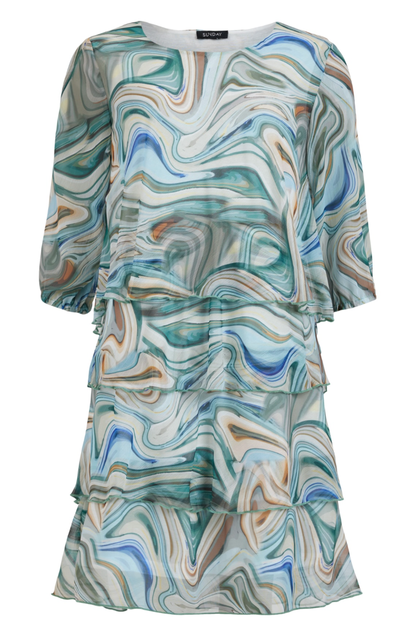A beautiful array of colors stream down this round neck tiered dress with 3/4 sheer sleeve. Great for any occasion.