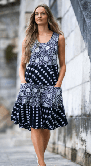 Fun, frilly and so adorable. The Joy dress has a pattern that brings the dress alive. With a round neck, sleeveless and front pockets, this will be very versatile.