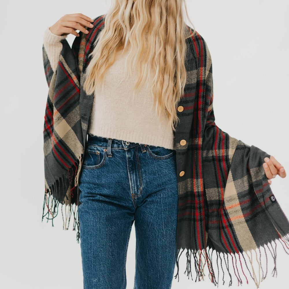 Button Plaid Shawl